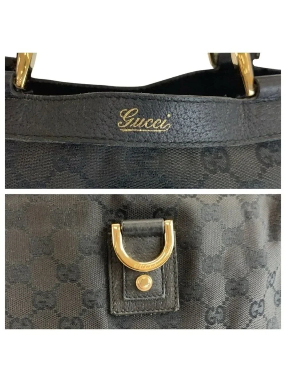 Gucci Abbey Black Gold GG Canvas Leather Tote